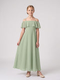 Dusty Sage Chiffon A-Line Off-the-Shoulder Back Zip Floor-Length Dress with Pleated Bodice