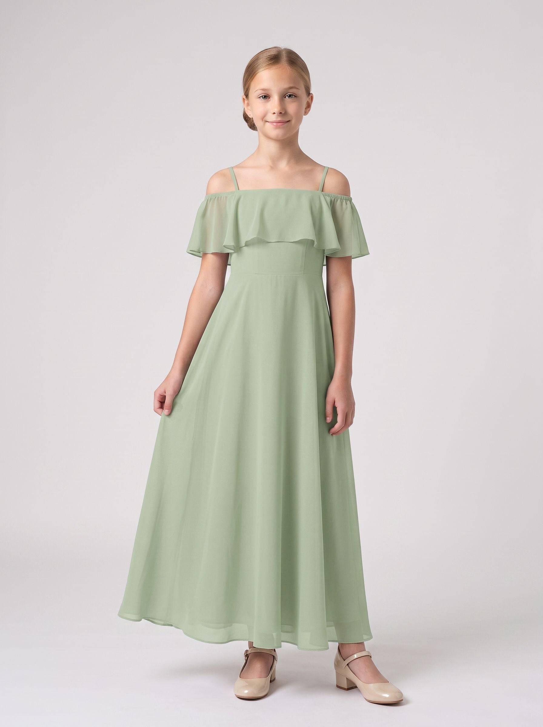 Dusty Sage Chiffon A-Line Off-the-Shoulder Back Zip Floor-Length Dress with Pleated Bodice