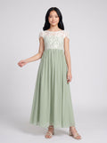 Dusty Sage Chiffon A-Line Scoop Neck Back Zip Floor-Length Dress with Pleated Bodice