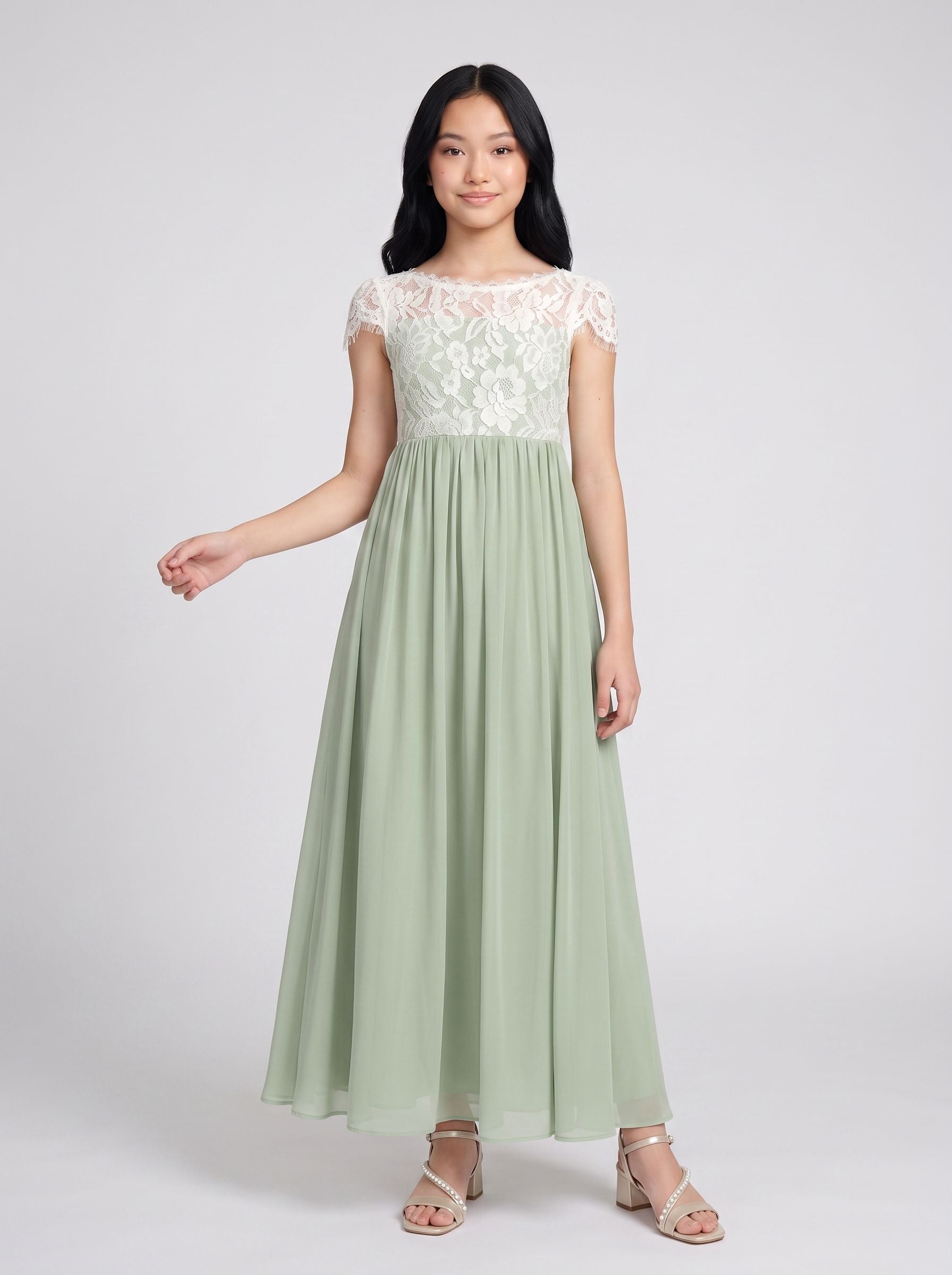 Dusty Sage Chiffon A-Line Scoop Neck Back Zip Floor-Length Dress with Pleated Bodice