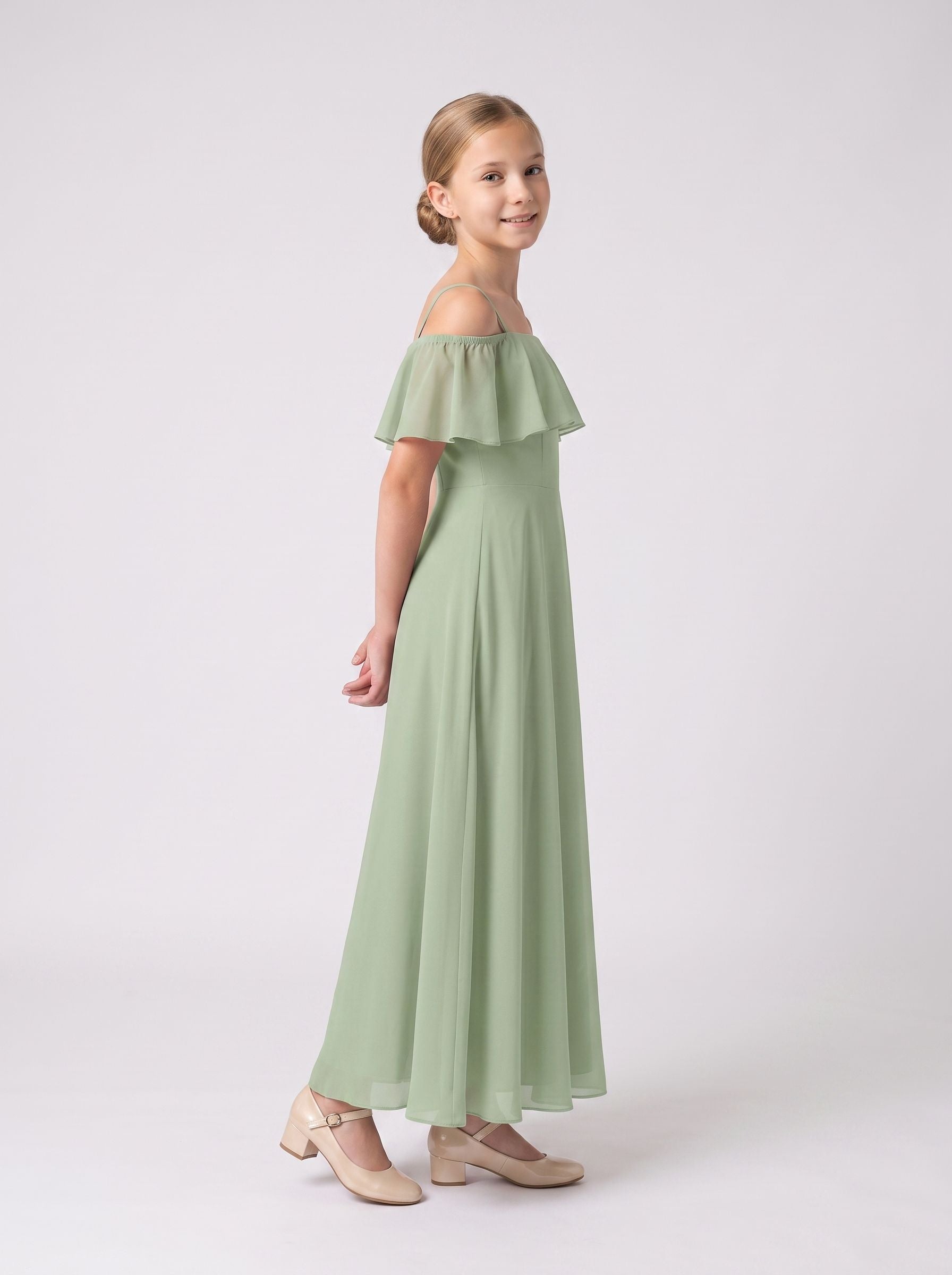 Dusty Sage Chiffon A-Line Off-the-Shoulder Back Zip Floor-Length Dress with Pleated Bodice