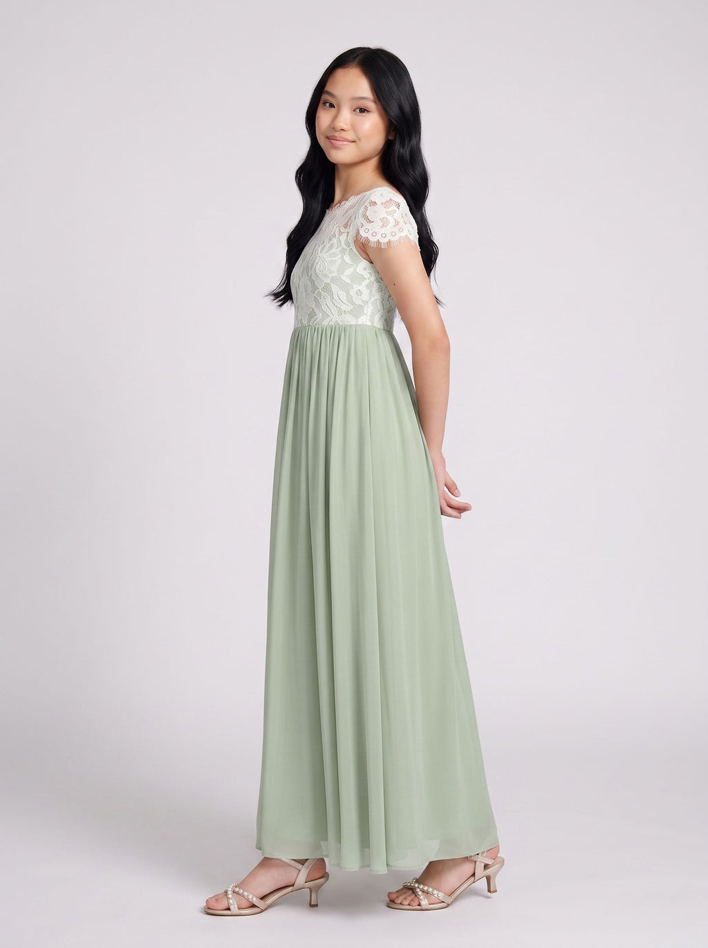Dusty Sage Chiffon A-Line Scoop Neck Back Zip Floor-Length Dress with Pleated Bodice