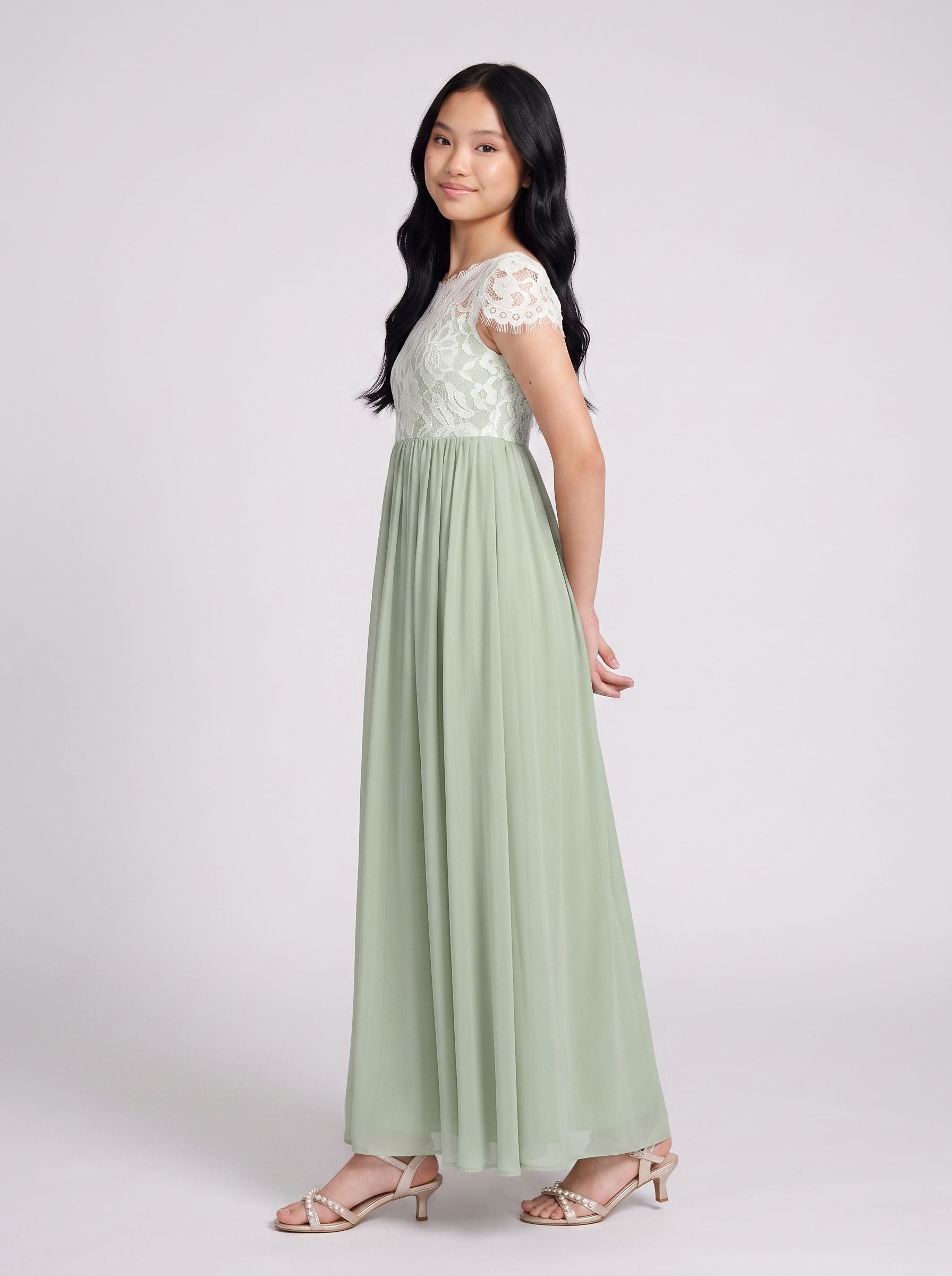 Dusty Sage Chiffon A-Line Scoop Neck Back Zip Floor-Length Dress with Pleated Bodice