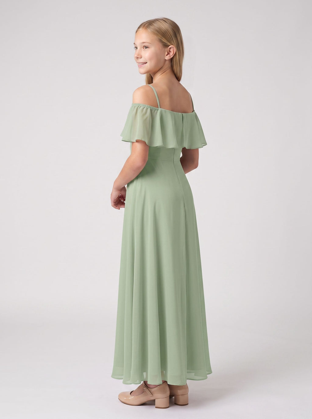 Dusty Sage Chiffon A-Line Off-the-Shoulder Back Zip Floor-Length Dress with Pleated Bodice