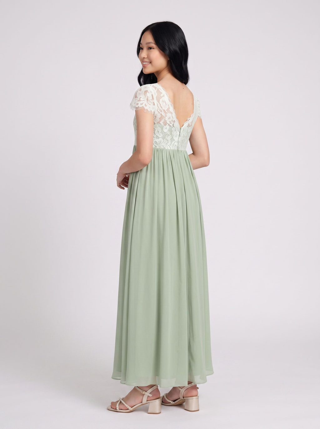 Dusty Sage Chiffon A-Line Scoop Neck Back Zip Floor-Length Dress with Pleated Bodice