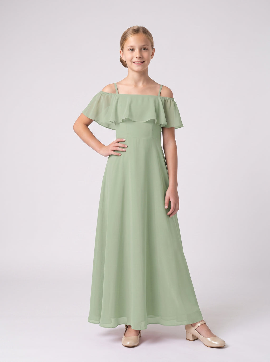 Dusty Sage Chiffon A-Line Off-the-Shoulder Back Zip Floor-Length Dress with Pleated Bodice