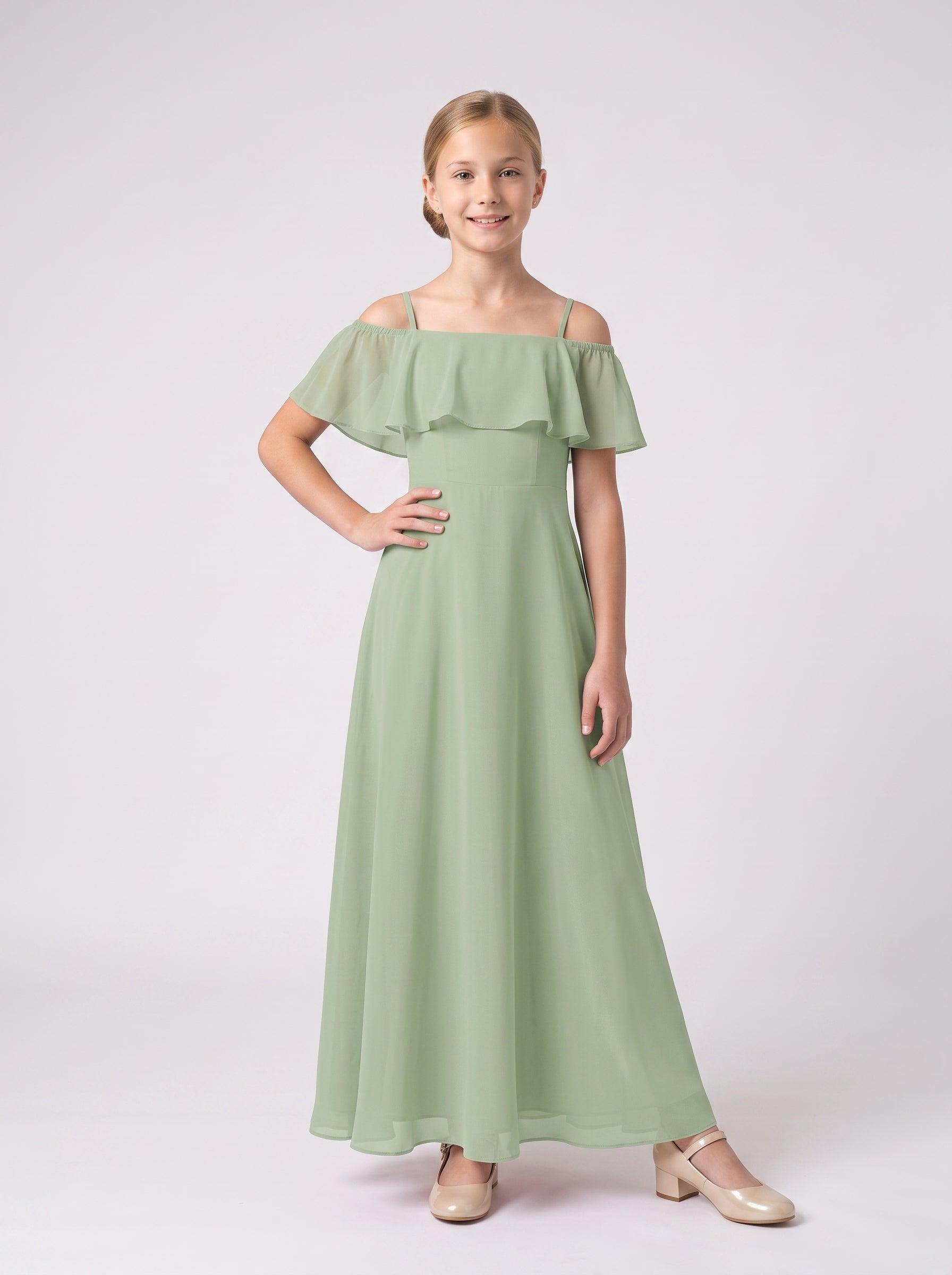 Dusty Sage Chiffon A-Line Off-the-Shoulder Back Zip Floor-Length Dress with Pleated Bodice