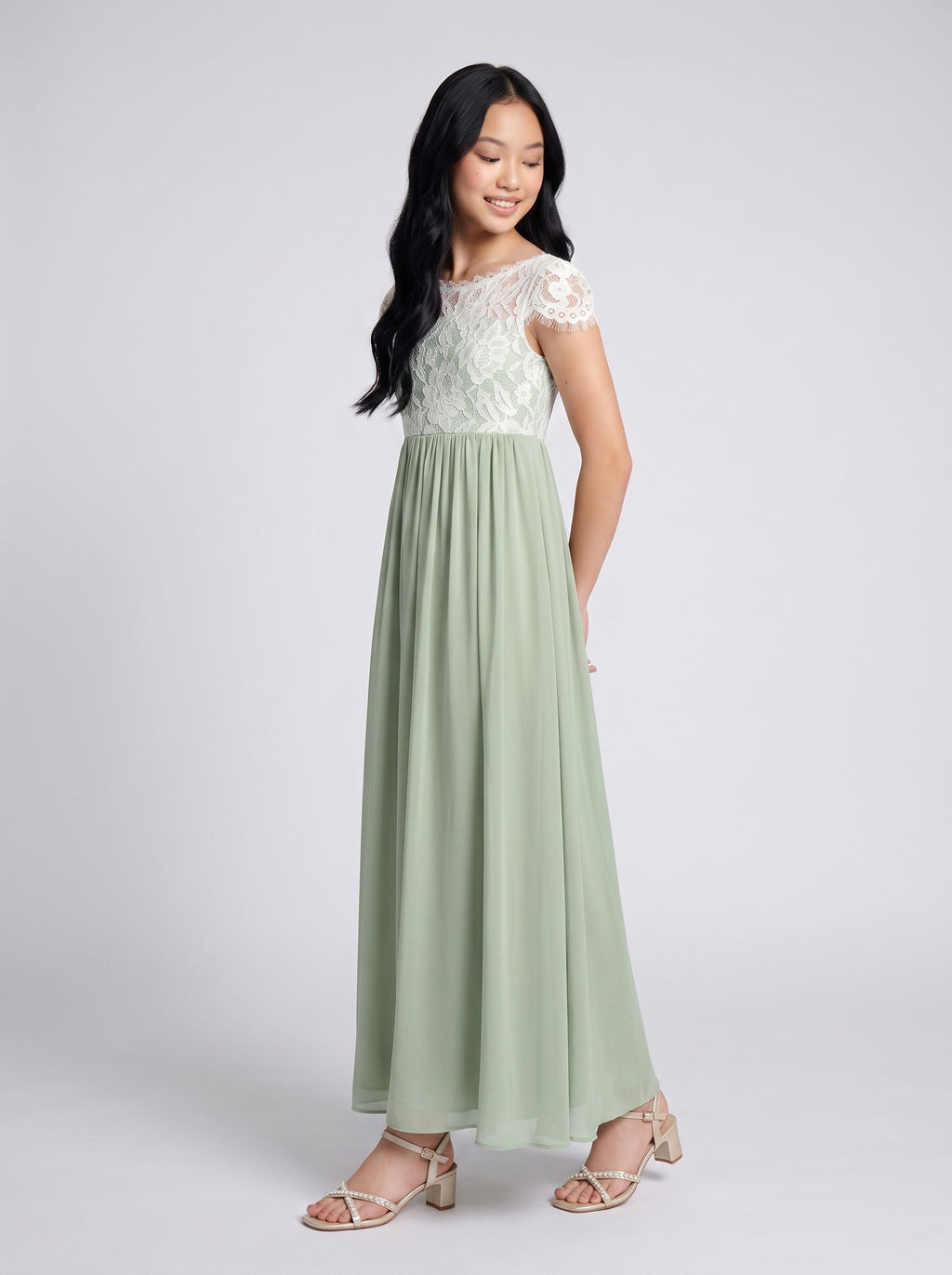 Dusty Sage Chiffon A-Line Scoop Neck Back Zip Floor-Length Dress with Pleated Bodice