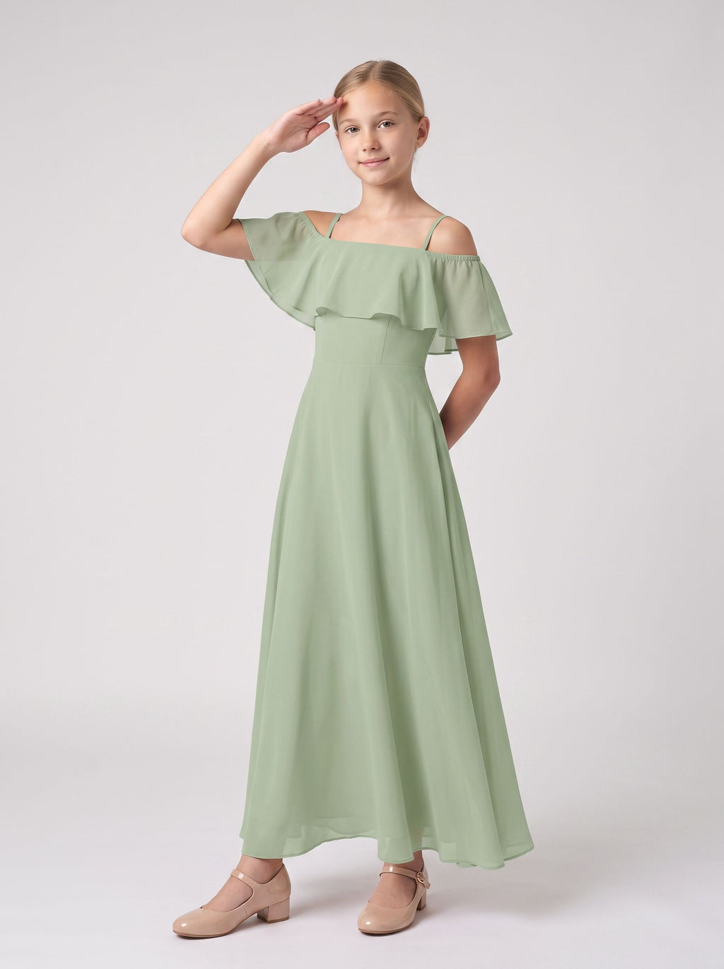 Dusty Sage Chiffon A-Line Off-the-Shoulder Back Zip Floor-Length Dress with Pleated Bodice