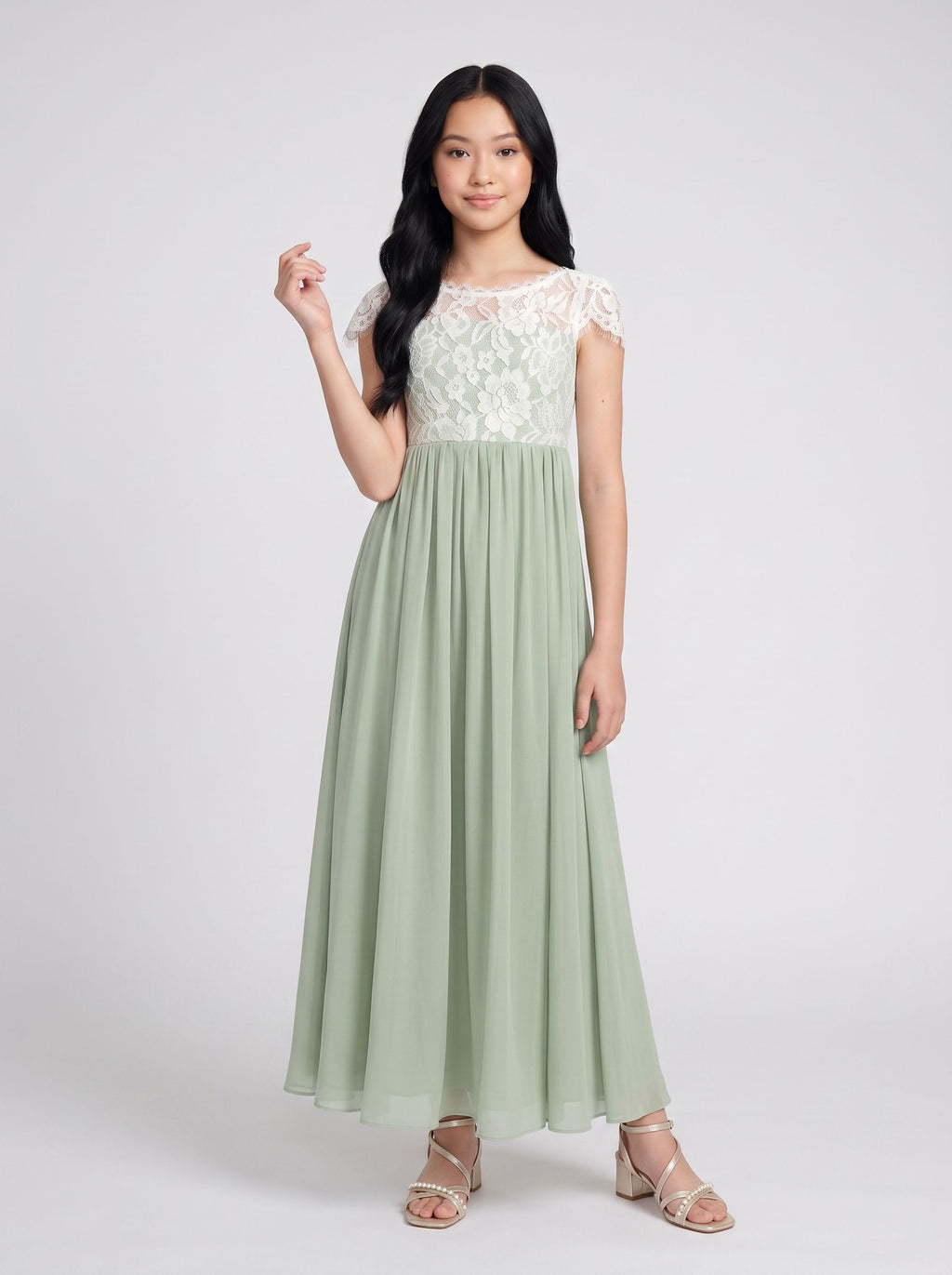 Dusty Sage Chiffon A-Line Scoop Neck Back Zip Floor-Length Dress with Pleated Bodice