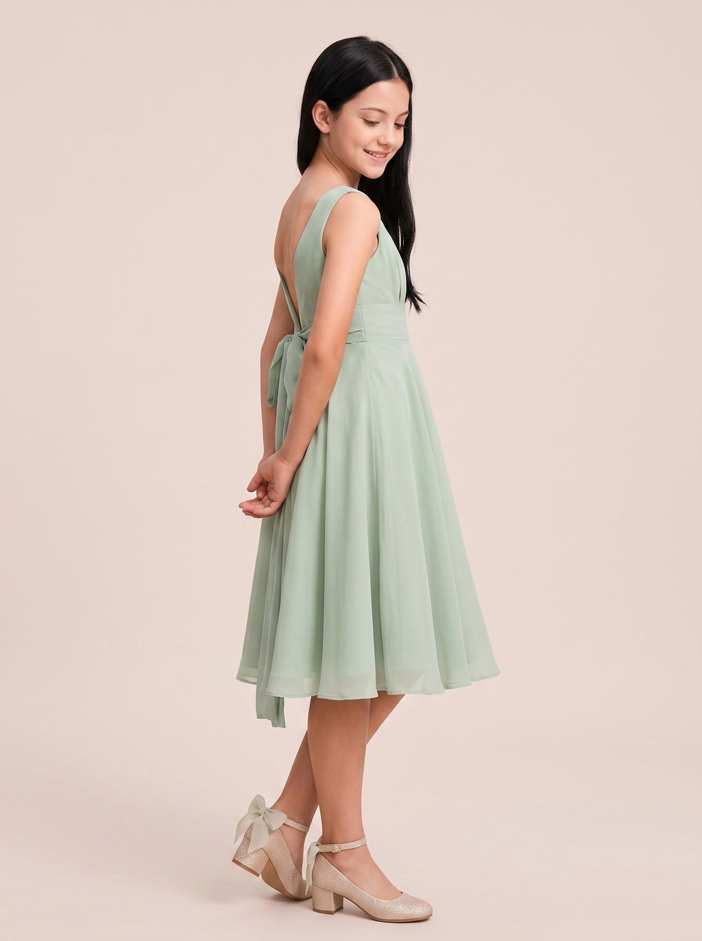 Dusty Sage Chiffon A-Line Scoop Neck V-Back Floor-Length Dress with Pleated Bodice