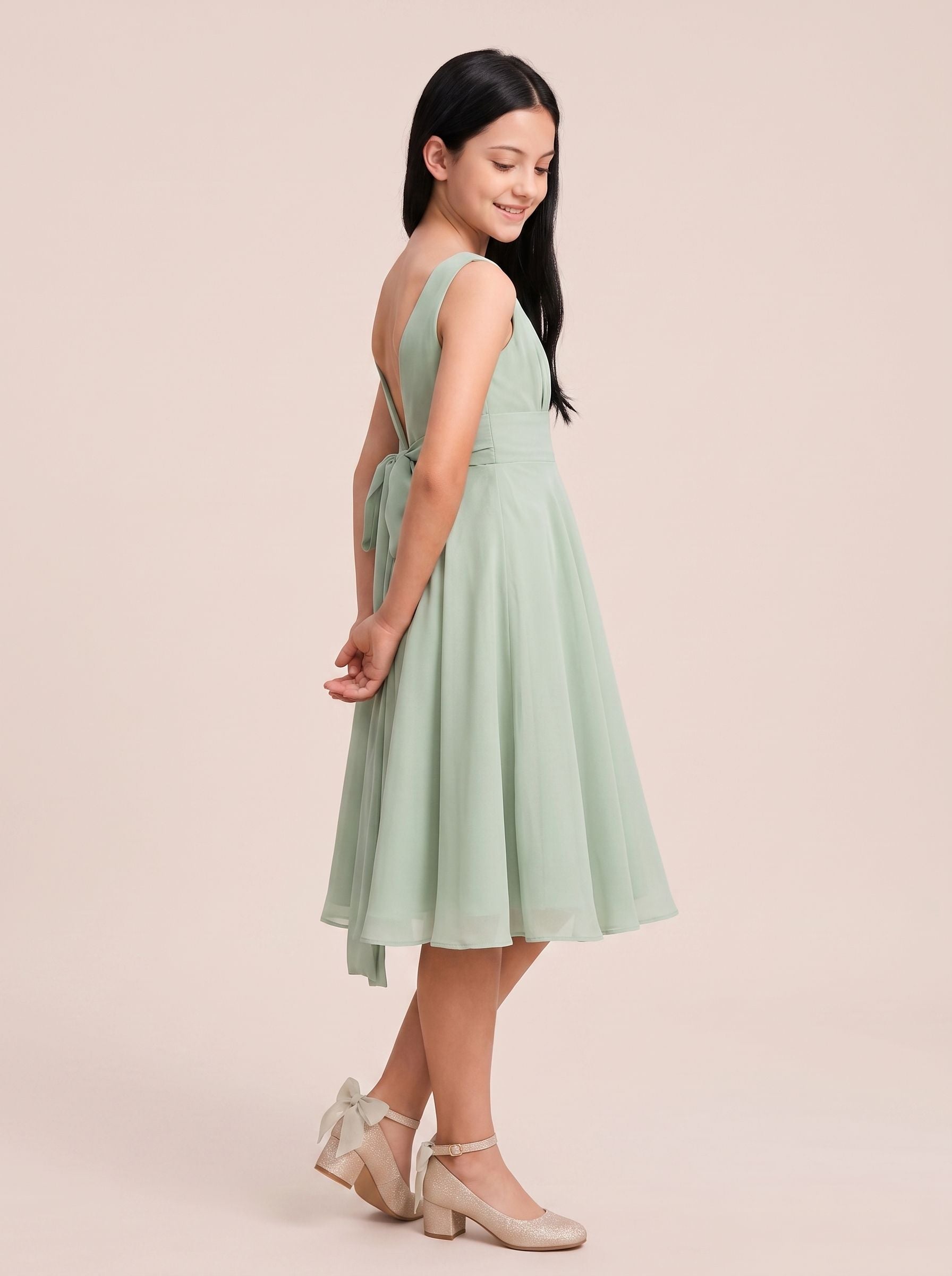 Dusty Sage Chiffon A-Line Scoop Neck V-Back Floor-Length Dress with Pleated Bodice