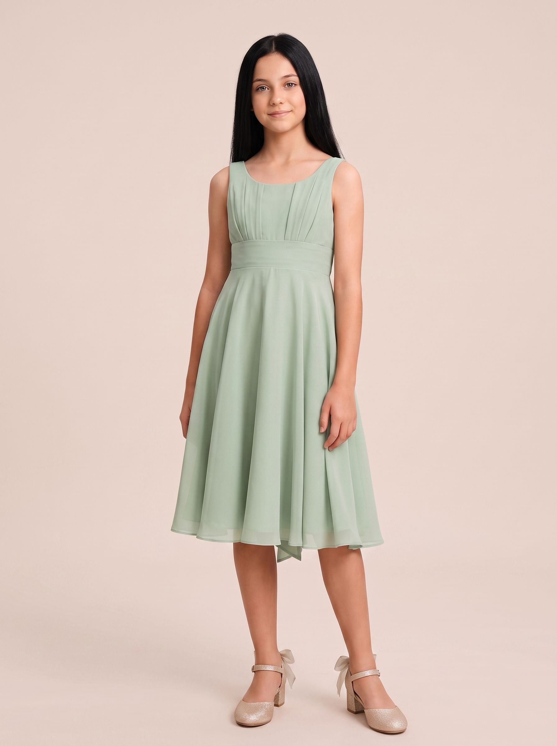 Dusty Sage Chiffon A-Line Scoop Neck V-Back Floor-Length Dress with Pleated Bodice