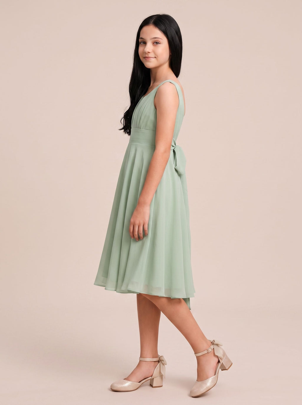Dusty Sage Chiffon A-Line Scoop Neck V-Back Floor-Length Dress with Pleated Bodice