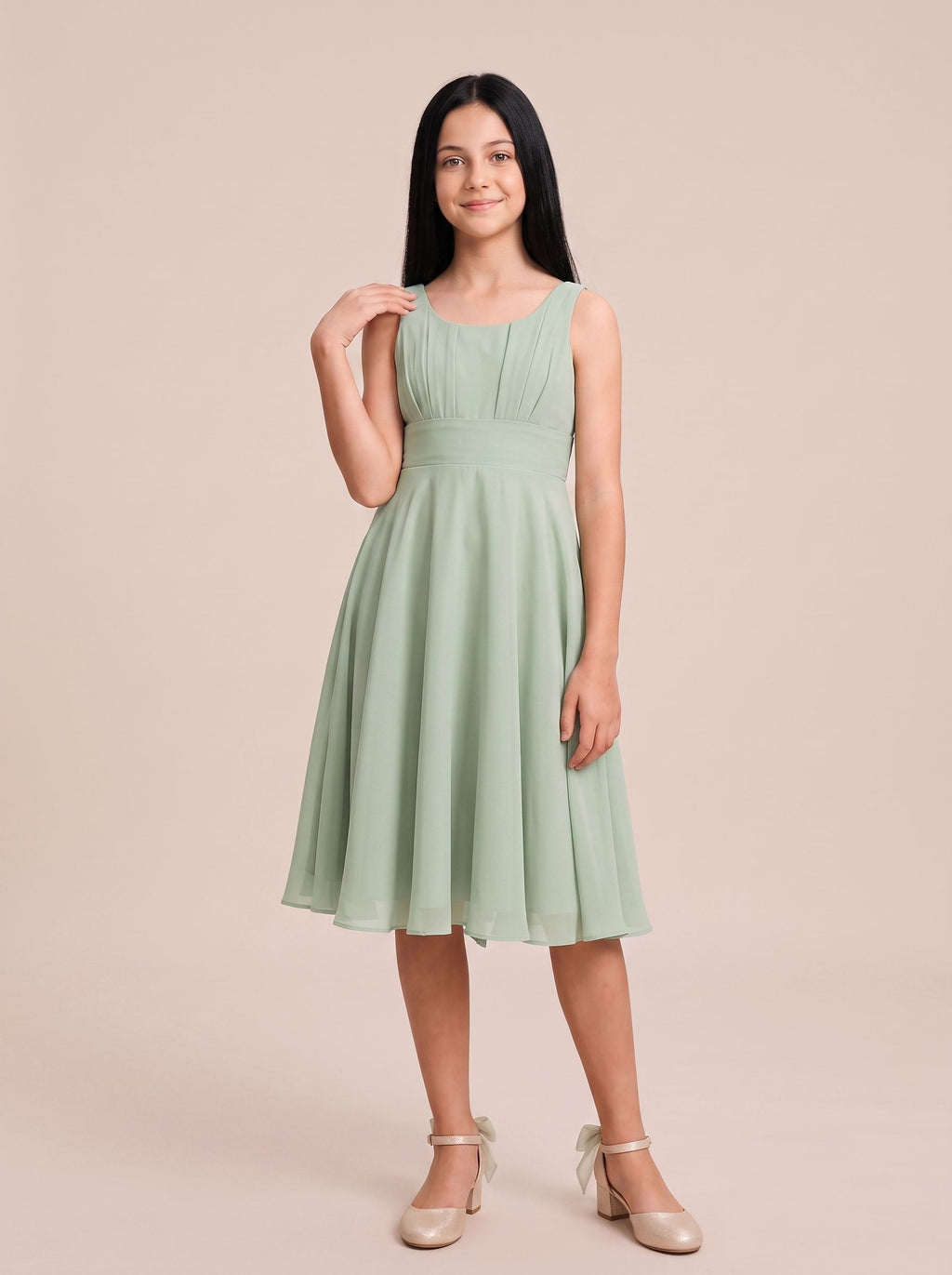 Dusty Sage Chiffon A-Line Scoop Neck V-Back Floor-Length Dress with Pleated Bodice