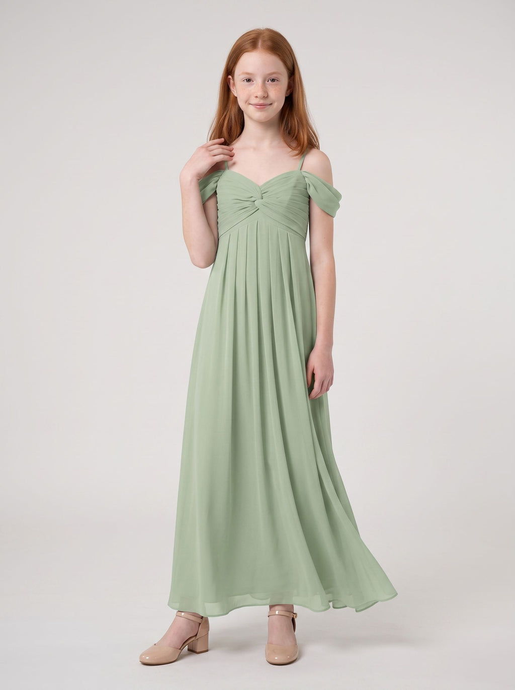 Dusty Sage Chiffon A-Line Off-the-Shoulder Back Zip Floor-Length Dress with Pleating
