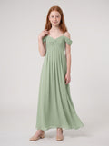 Dusty Sage Chiffon A-Line Off-the-Shoulder Back Zip Floor-Length Dress with Pleating