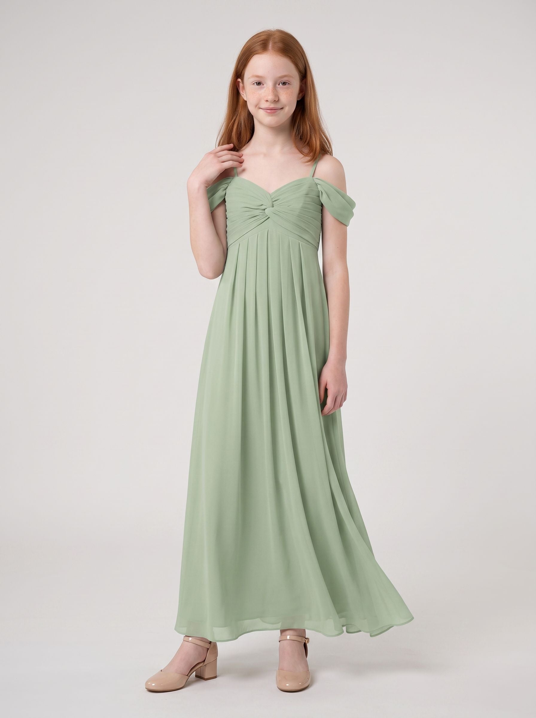 Dusty Sage Chiffon A-Line Off-the-Shoulder Back Zip Floor-Length Dress with Pleating