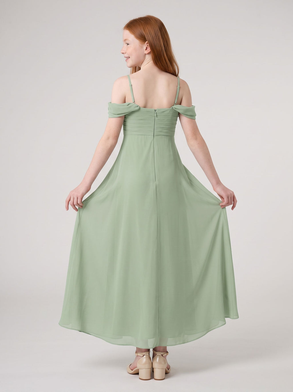 Dusty Sage Chiffon A-Line Off-the-Shoulder Back Zip Floor-Length Dress with Pleating