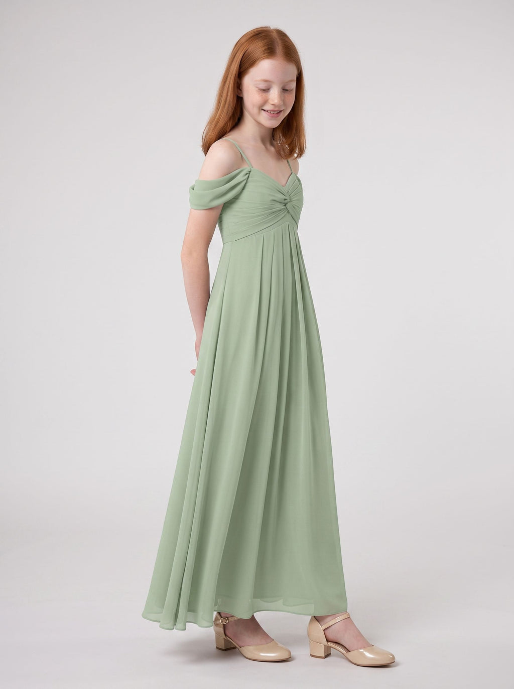 Dusty Sage Chiffon A-Line Off-the-Shoulder Back Zip Floor-Length Dress with Pleating