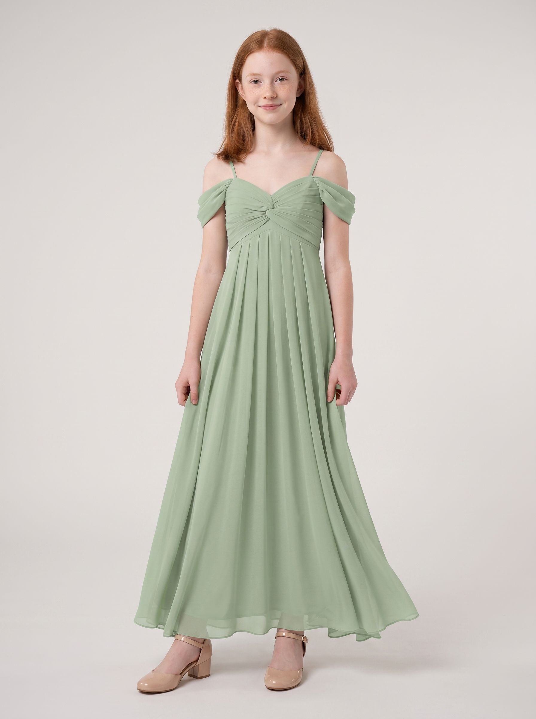 Dusty Sage Chiffon A-Line Off-the-Shoulder Back Zip Floor-Length Dress with Pleating