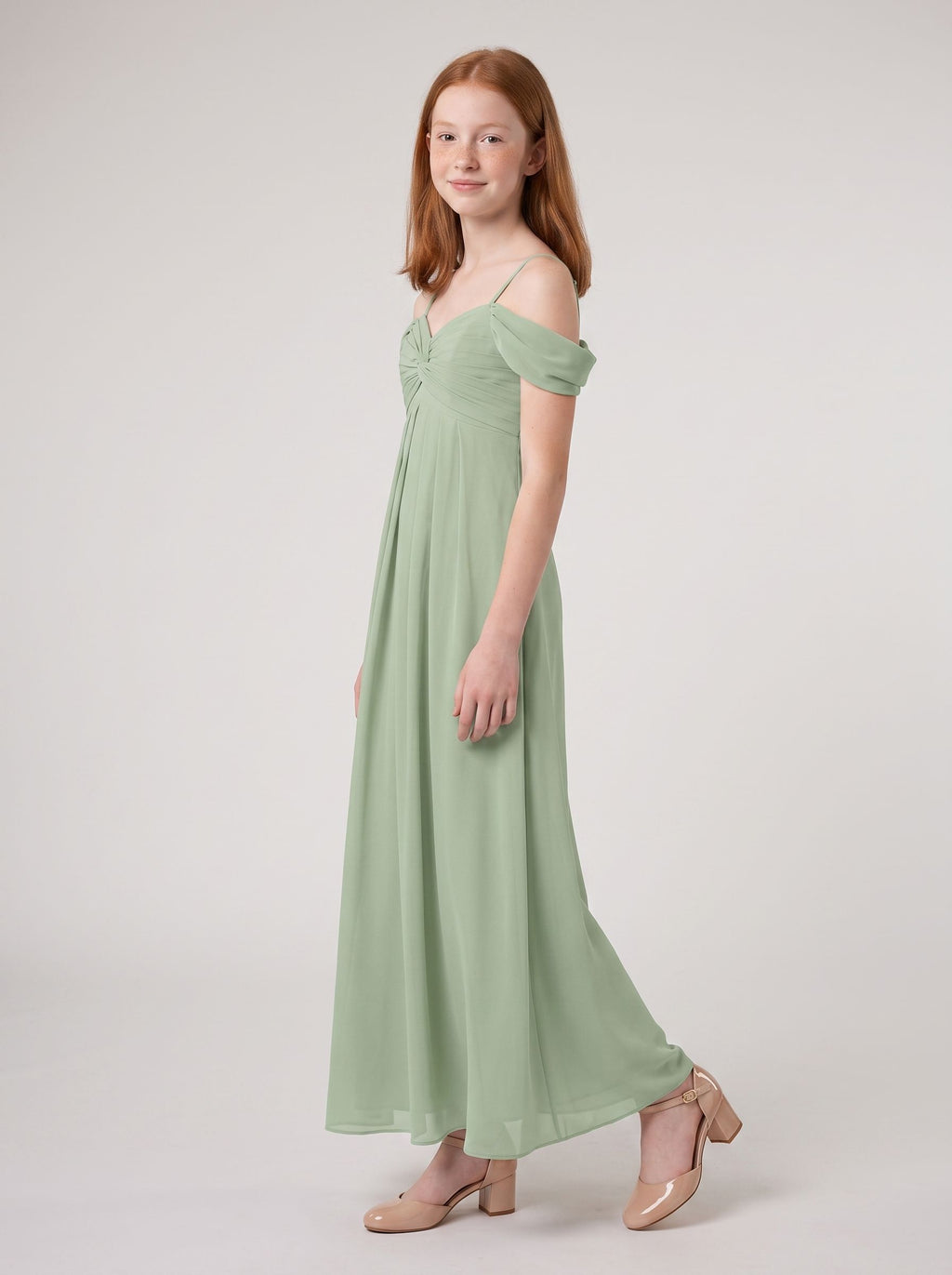 Dusty Sage Chiffon A-Line Off-the-Shoulder Back Zip Floor-Length Dress with Pleating