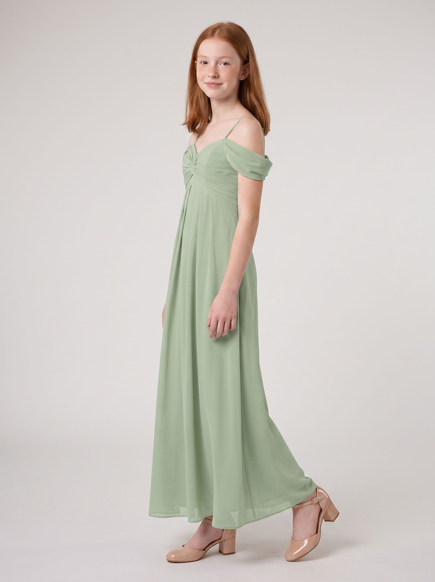 Dusty Sage Chiffon A-Line Off-the-Shoulder Back Zip Floor-Length Dress with Pleating