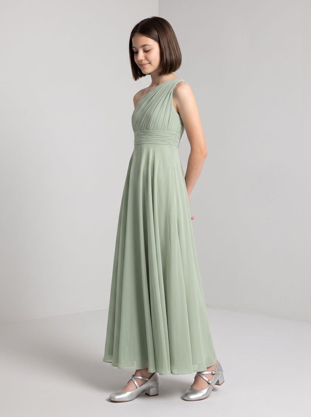 Sage Chiffon A-Line One Shoulder Side Zip Floor-Length Dress with Pleated Bodice