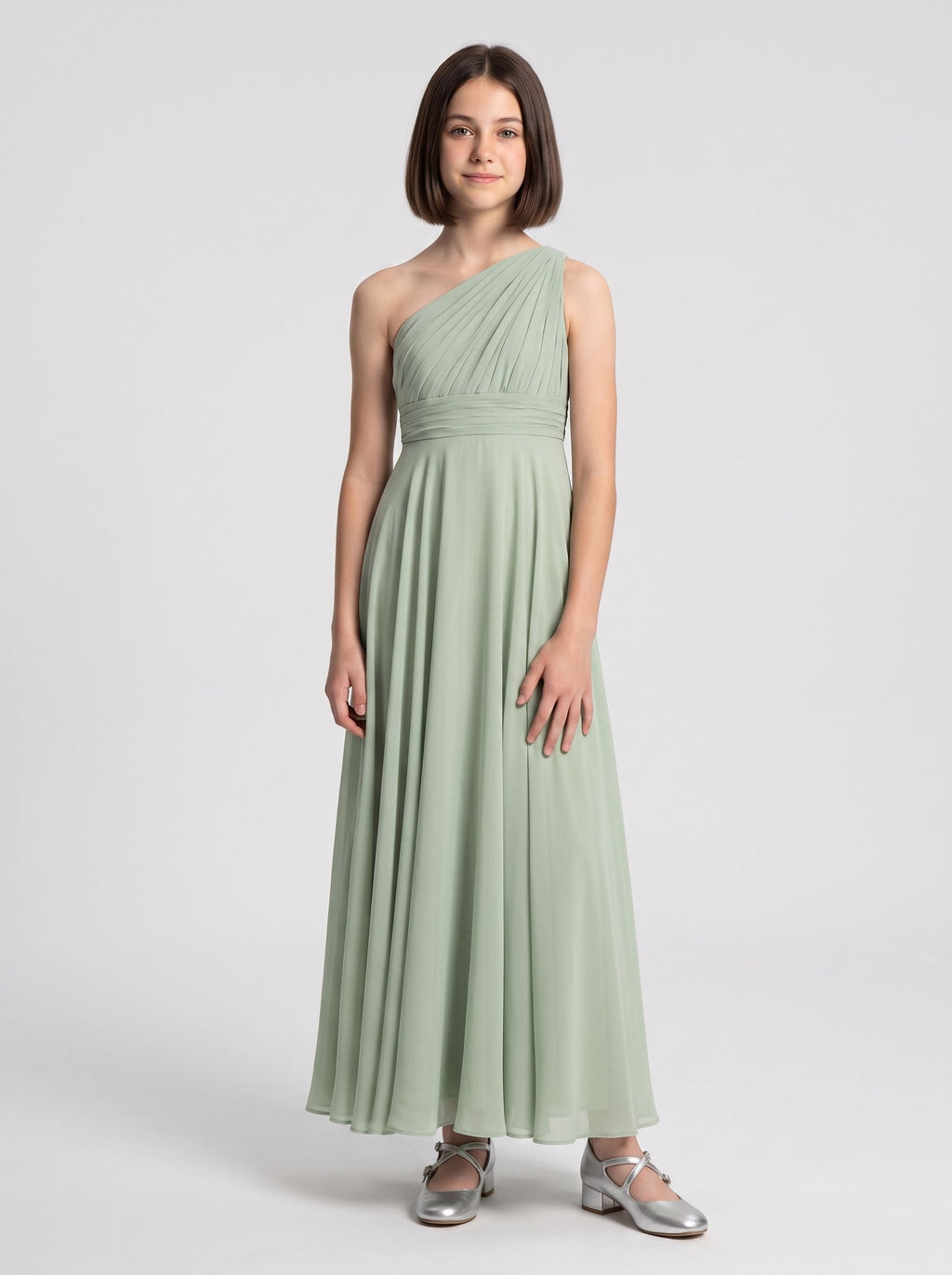 Sage Chiffon A-Line One Shoulder Side Zip Floor-Length Dress with Pleated Bodice