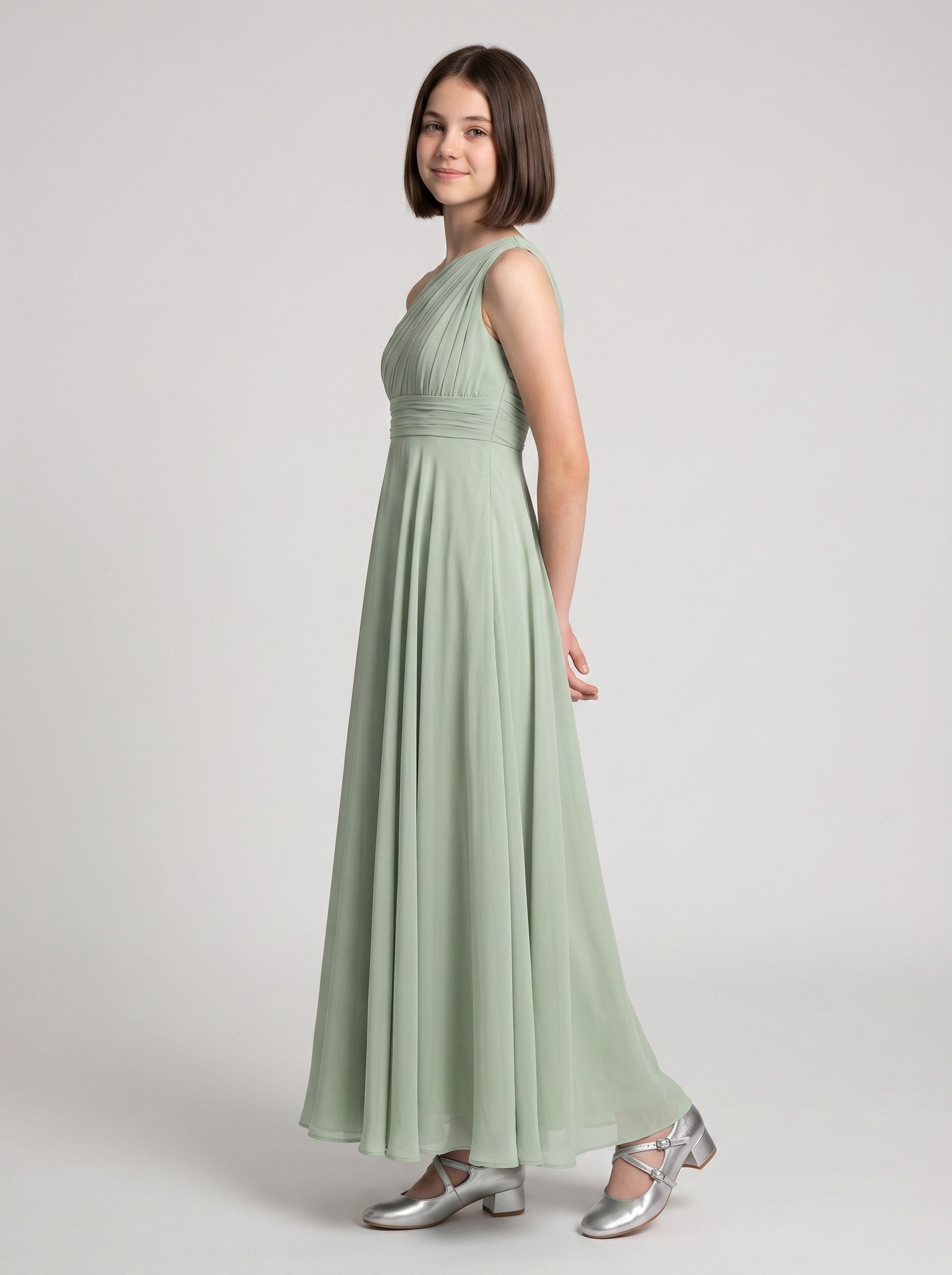 Sage Chiffon A-Line One Shoulder Side Zip Floor-Length Dress with Pleated Bodice