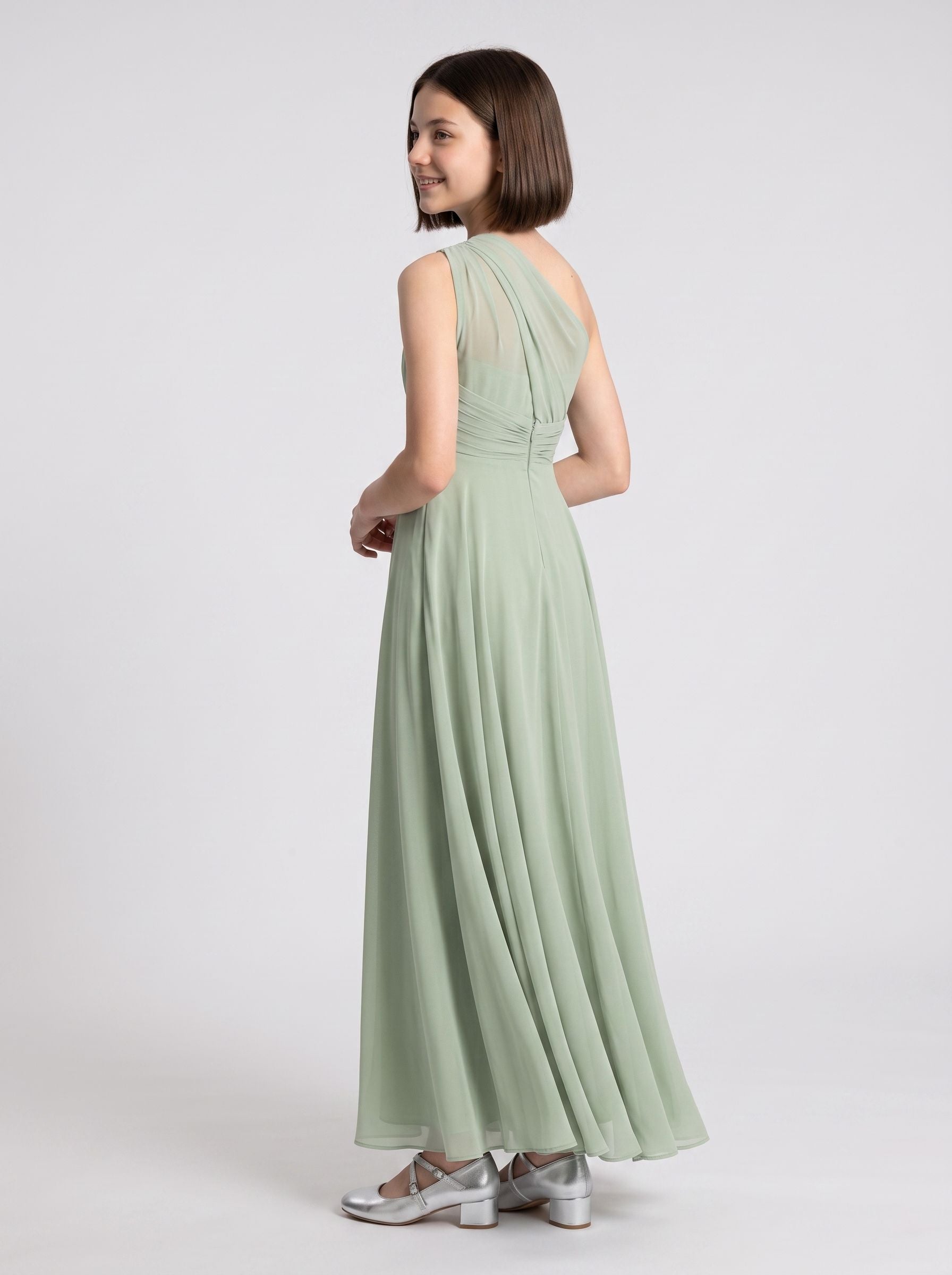 Sage Chiffon A-Line One Shoulder Side Zip Floor-Length Dress with Pleated Bodice