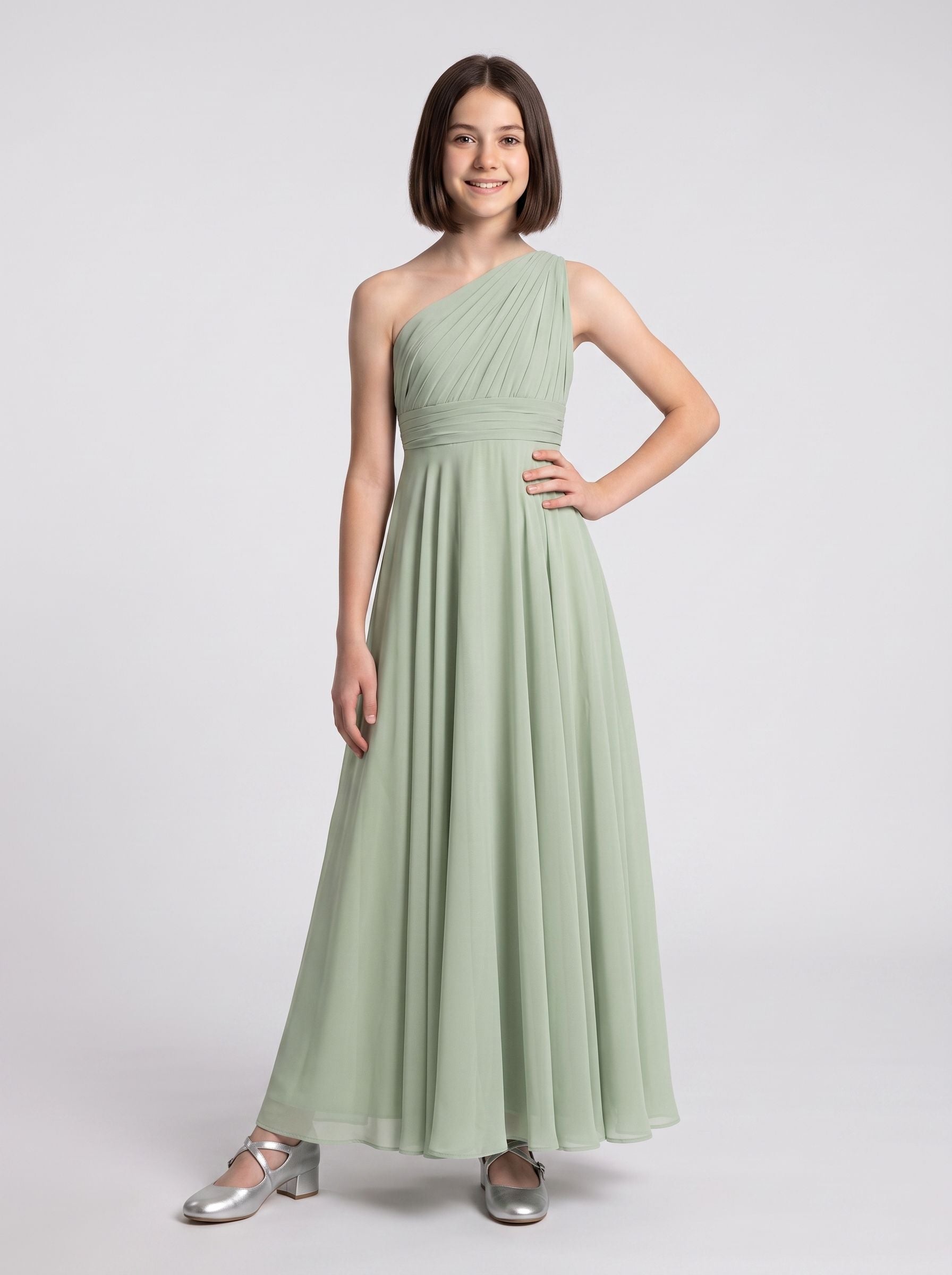 Sage Chiffon A-Line One Shoulder Side Zip Floor-Length Dress with Pleated Bodice