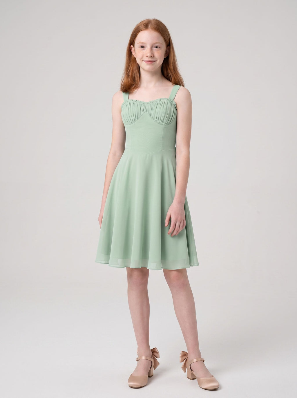 Dusty Sage Chiffon A-Line Straight Neck Bow Short Dress with Ruched Bodice