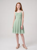 Dusty Sage Chiffon A-Line Straight Neck Bow Short Dress with Ruched Bodice
