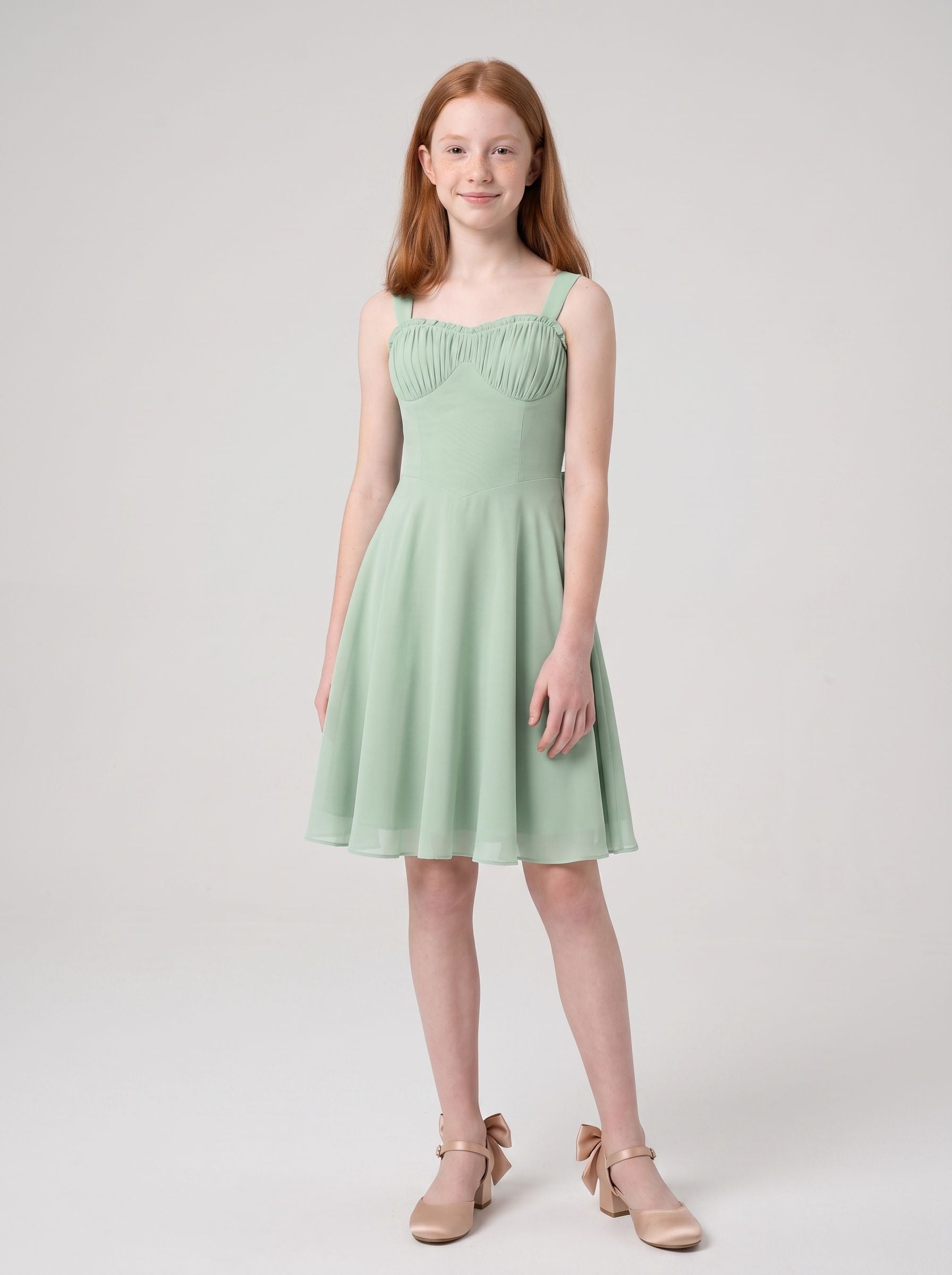 Dusty Sage Chiffon A-Line Straight Neck Bow Short Dress with Ruched Bodice