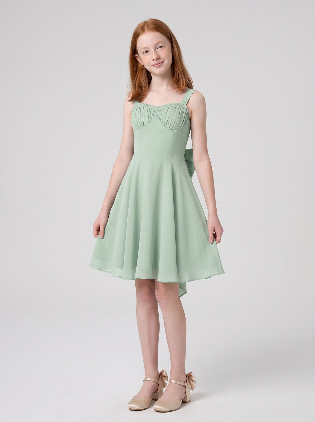Dusty Sage Chiffon A-Line Straight Neck Bow Short Dress with Ruched Bodice