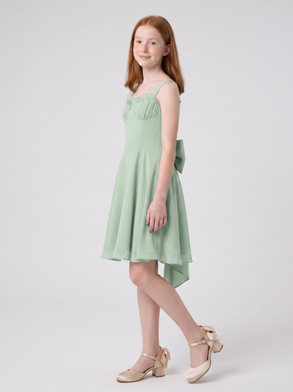 Dusty Sage Chiffon A-Line Straight Neck Bow Short Dress with Ruched Bodice
