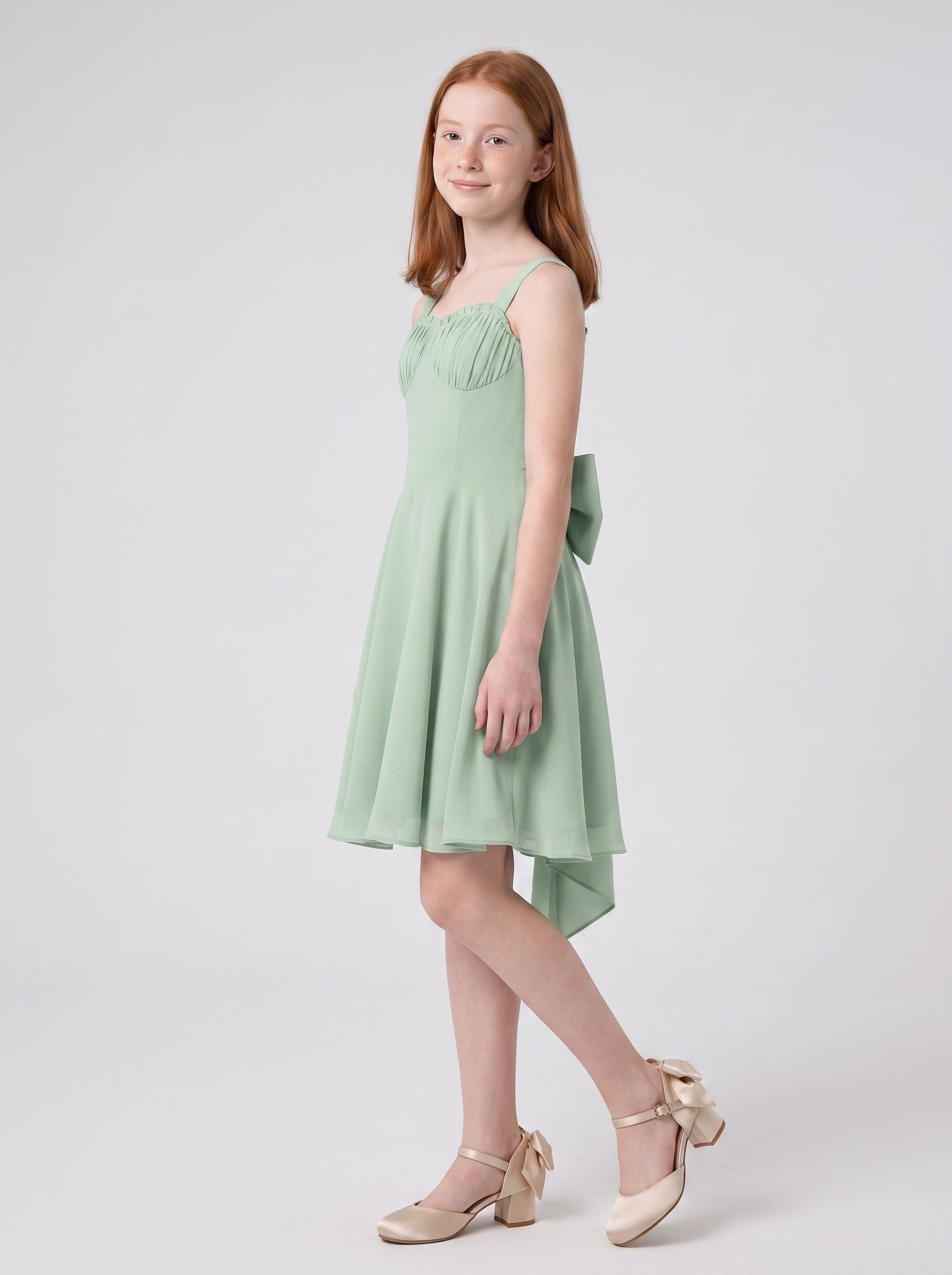 Dusty Sage Chiffon A-Line Straight Neck Bow Short Dress with Ruched Bodice
