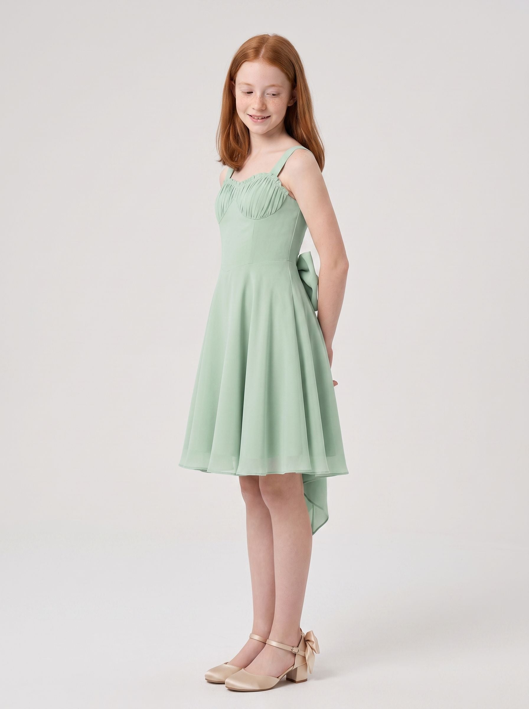 Dusty Sage Chiffon A-Line Straight Neck Bow Short Dress with Ruched Bodice