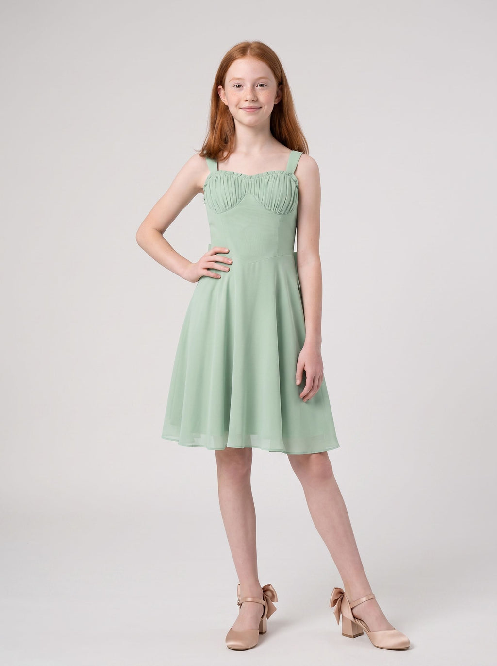 Dusty Sage Chiffon A-Line Straight Neck Bow Short Dress with Ruched Bodice
