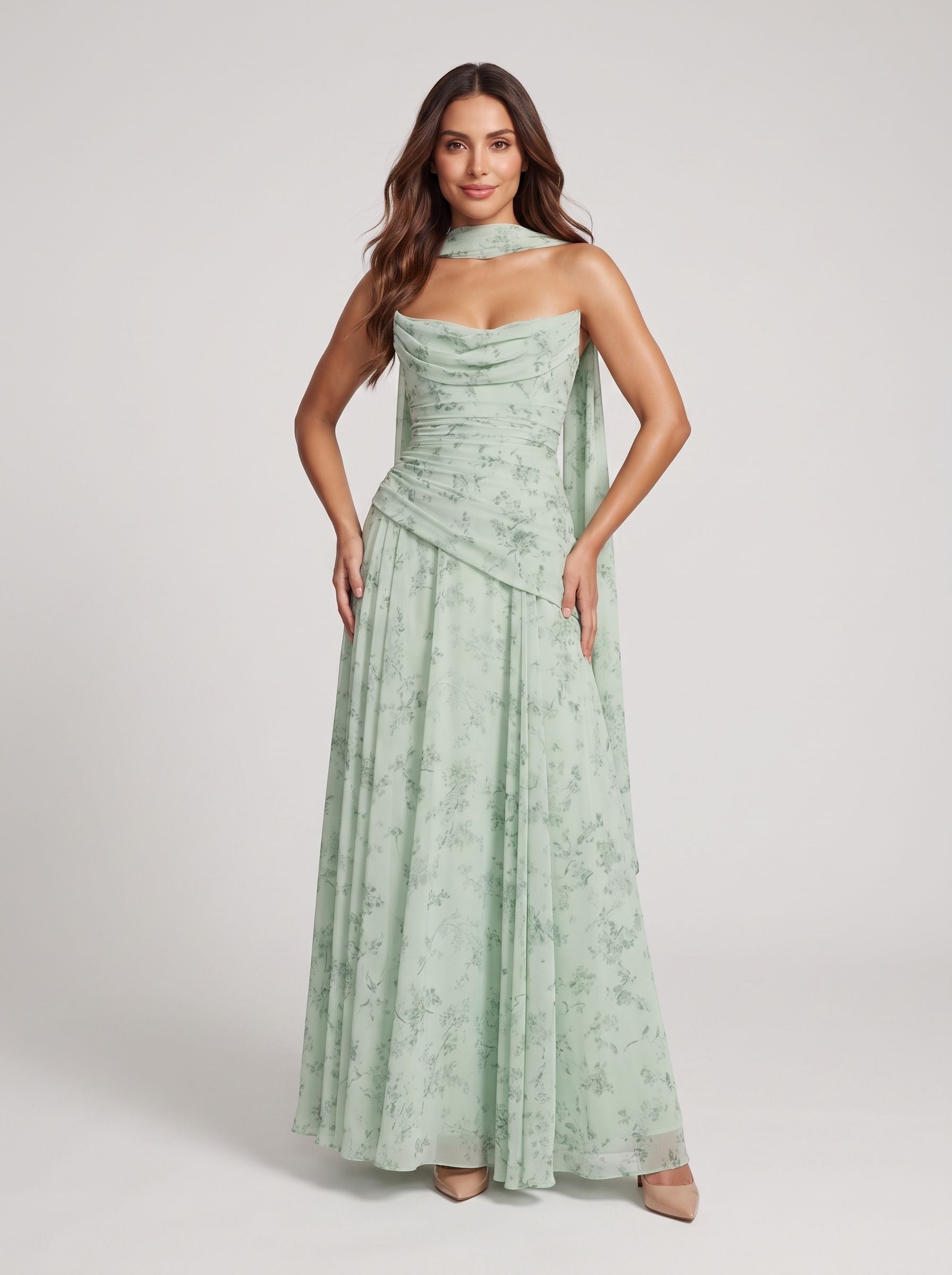 Dusty Sage Chiffon A-Line Sweetheart Lace-up Floor-Length Dress with Matching Scarf