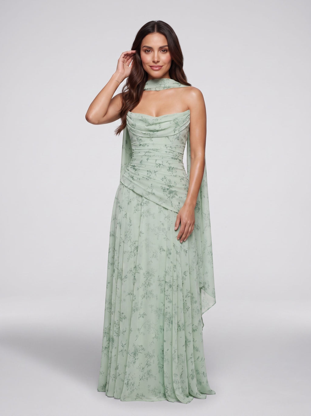 Dusty Sage Chiffon A-Line Sweetheart Lace-up Floor-Length Dress with Matching Scarf