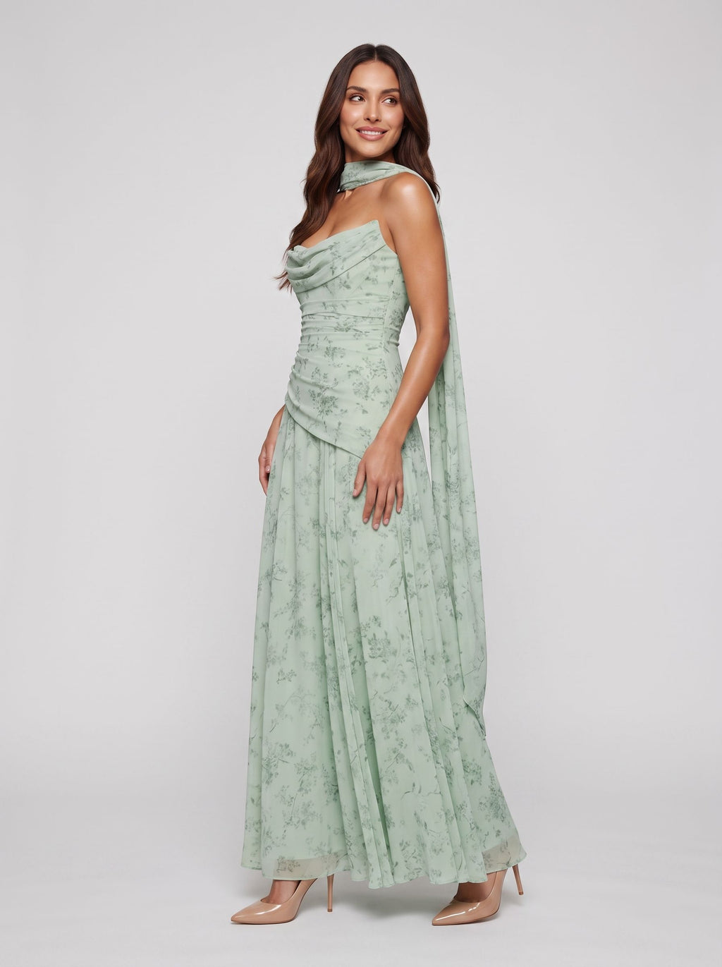 Dusty Sage Chiffon A-Line Sweetheart Lace-up Floor-Length Dress with Matching Scarf
