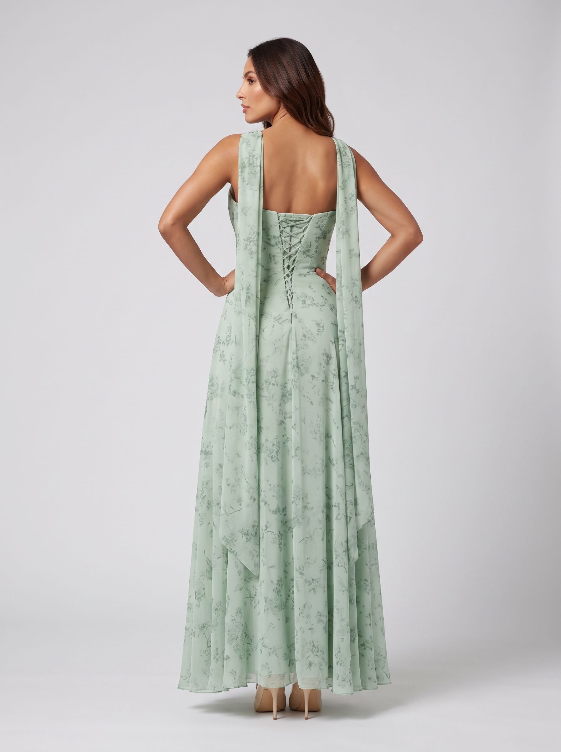 Dusty Sage Chiffon A-Line Sweetheart Lace-up Floor-Length Dress with Matching Scarf