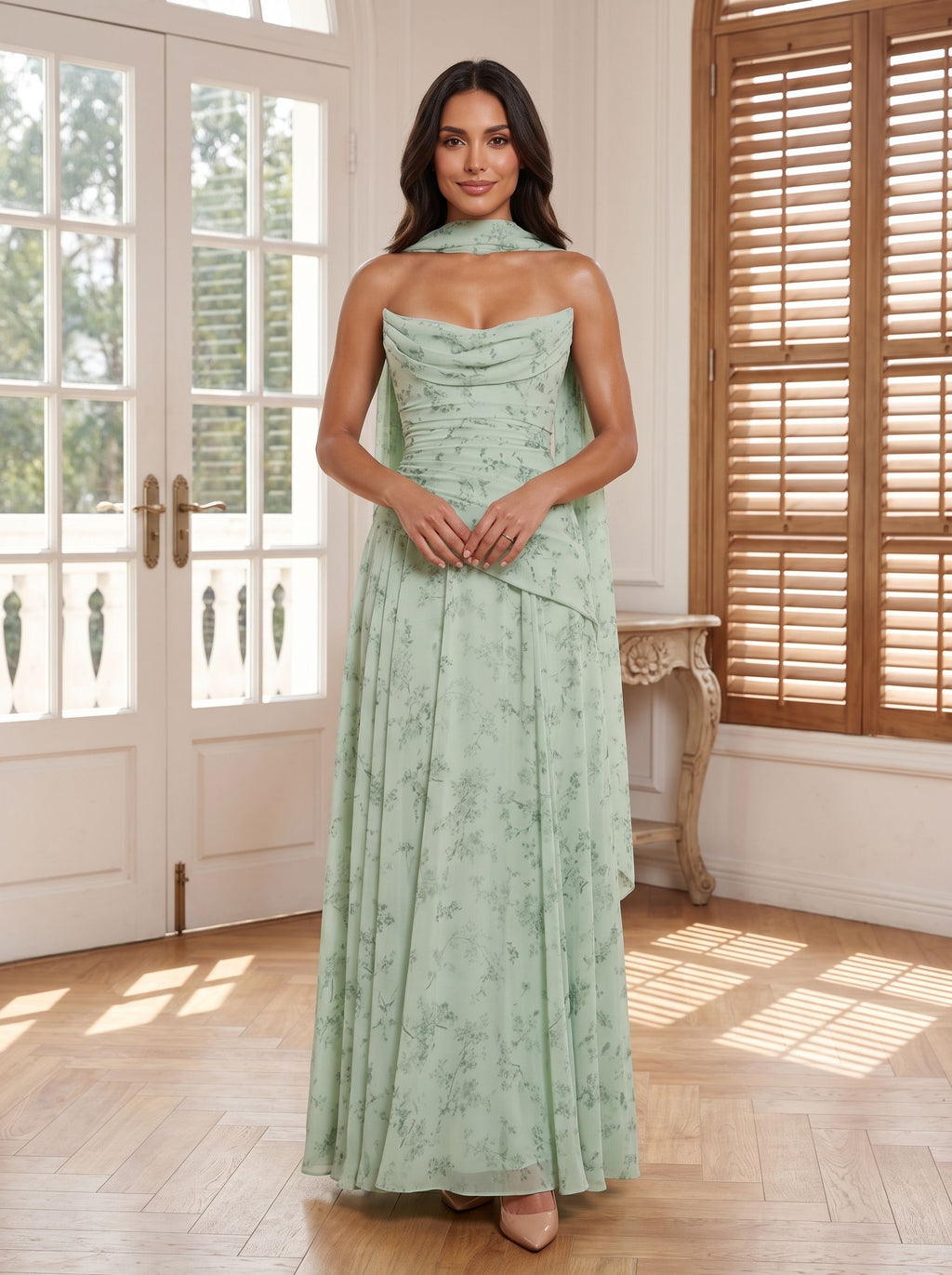 Dusty Sage Chiffon A-Line Sweetheart Lace-up Floor-Length Dress with Matching Scarf