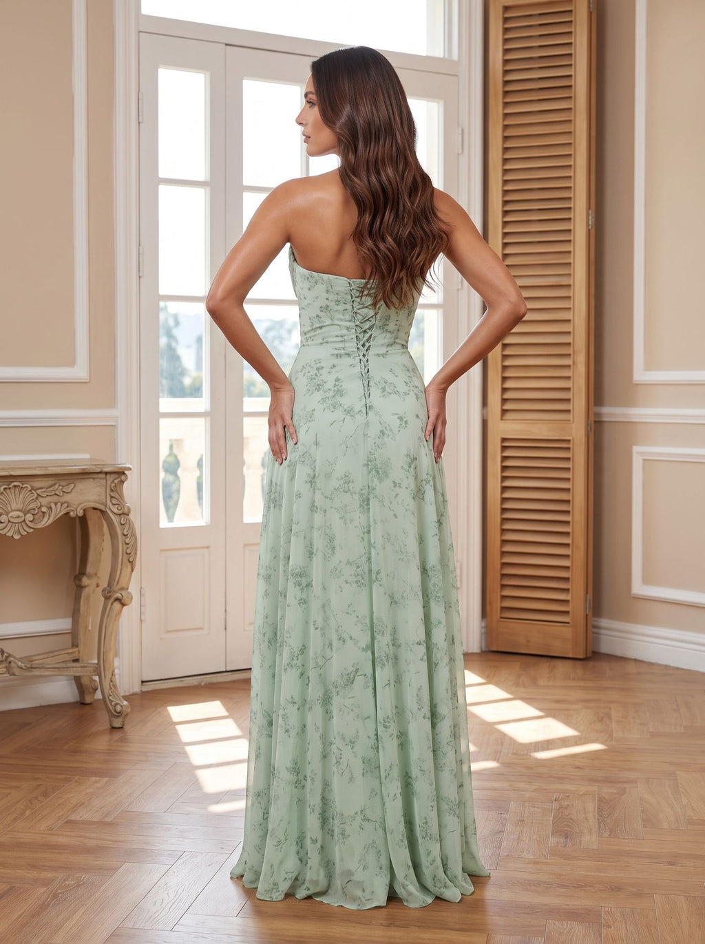 Dusty Sage Chiffon A-Line Sweetheart Lace-up Floor-Length Dress with Matching Scarf
