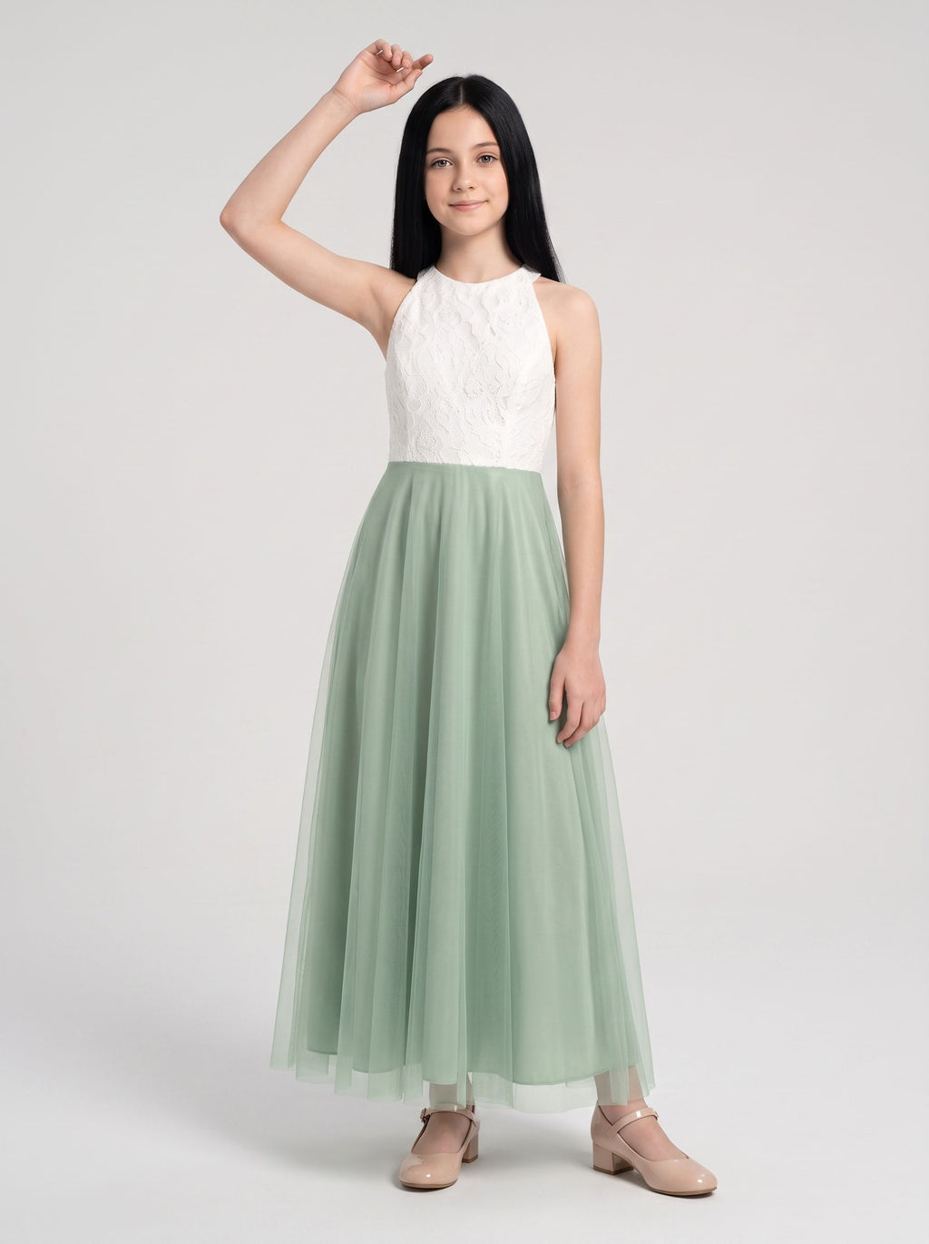 Dusty Sage Chiffon A-Line Scoop Neck Back Zip Floor-Length Dress with Lace Bodice
