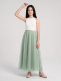 Dusty Sage Chiffon A-Line Scoop Neck Back Zip Floor-Length Dress with Lace Bodice