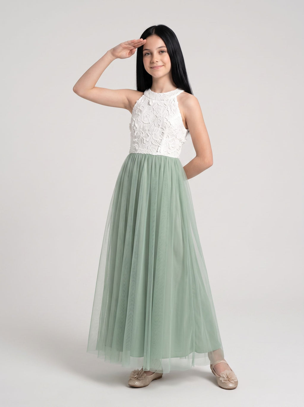 Dusty Sage Chiffon A-Line Scoop Neck Back Zip Floor-Length Dress with Lace Bodice