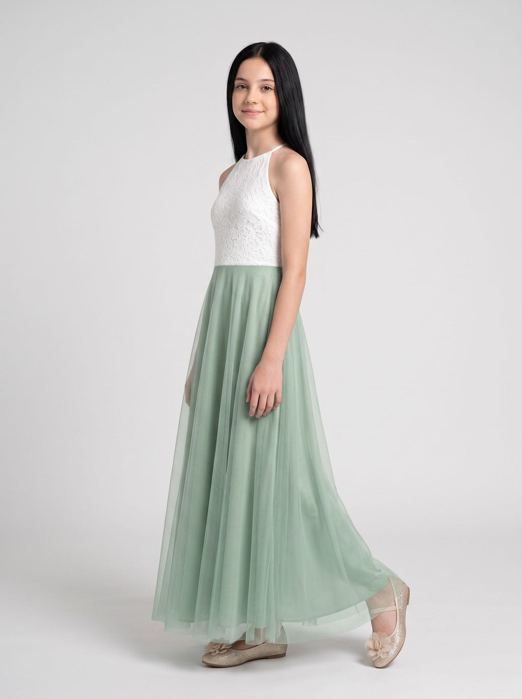 Dusty Sage Chiffon A-Line Scoop Neck Back Zip Floor-Length Dress with Lace Bodice
